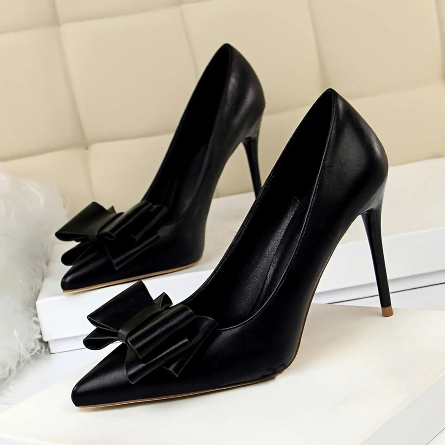 JOEupin Womens High Heels Pointed Toe Bowknot Slip-on Stiletto Evening Party Dress Pumps Shoes