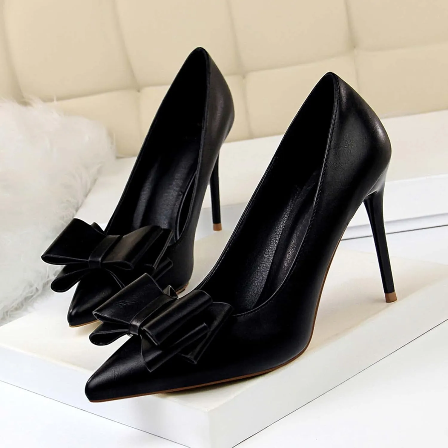 JOEupin Womens High Heels Pointed Toe Bowknot Slip-on Stiletto Evening Party Dress Pumps Shoes