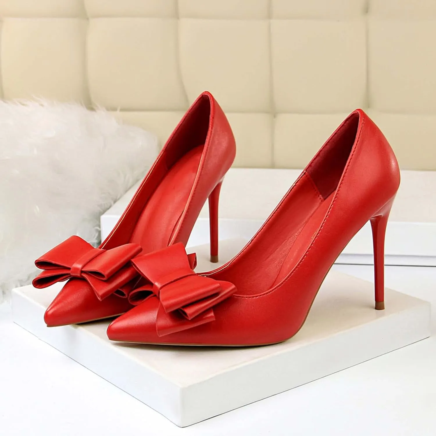 JOEupin Womens High Heels Pointed Toe Bowknot Slip-on Stiletto Evening Party Dress Pumps Shoes