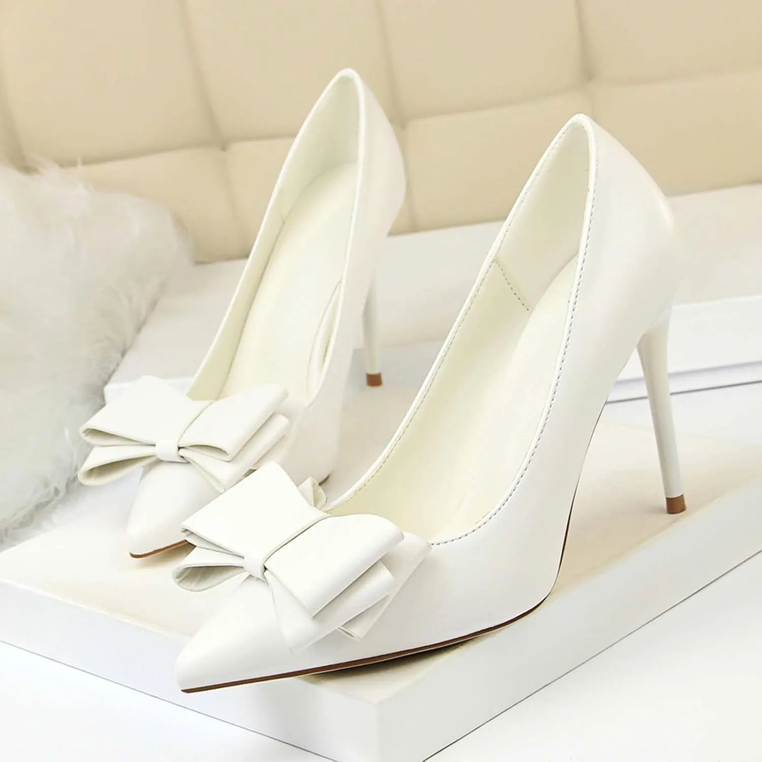 JOEupin Womens High Heels Pointed Toe Bowknot Slip-on Stiletto Evening Party Dress Pumps Shoes