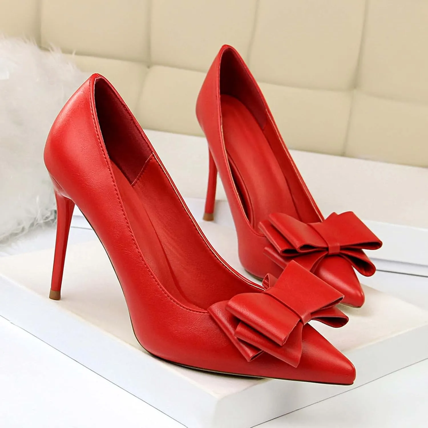 JOEupin Womens High Heels Pointed Toe Bowknot Slip-on Stiletto Evening Party Dress Pumps Shoes