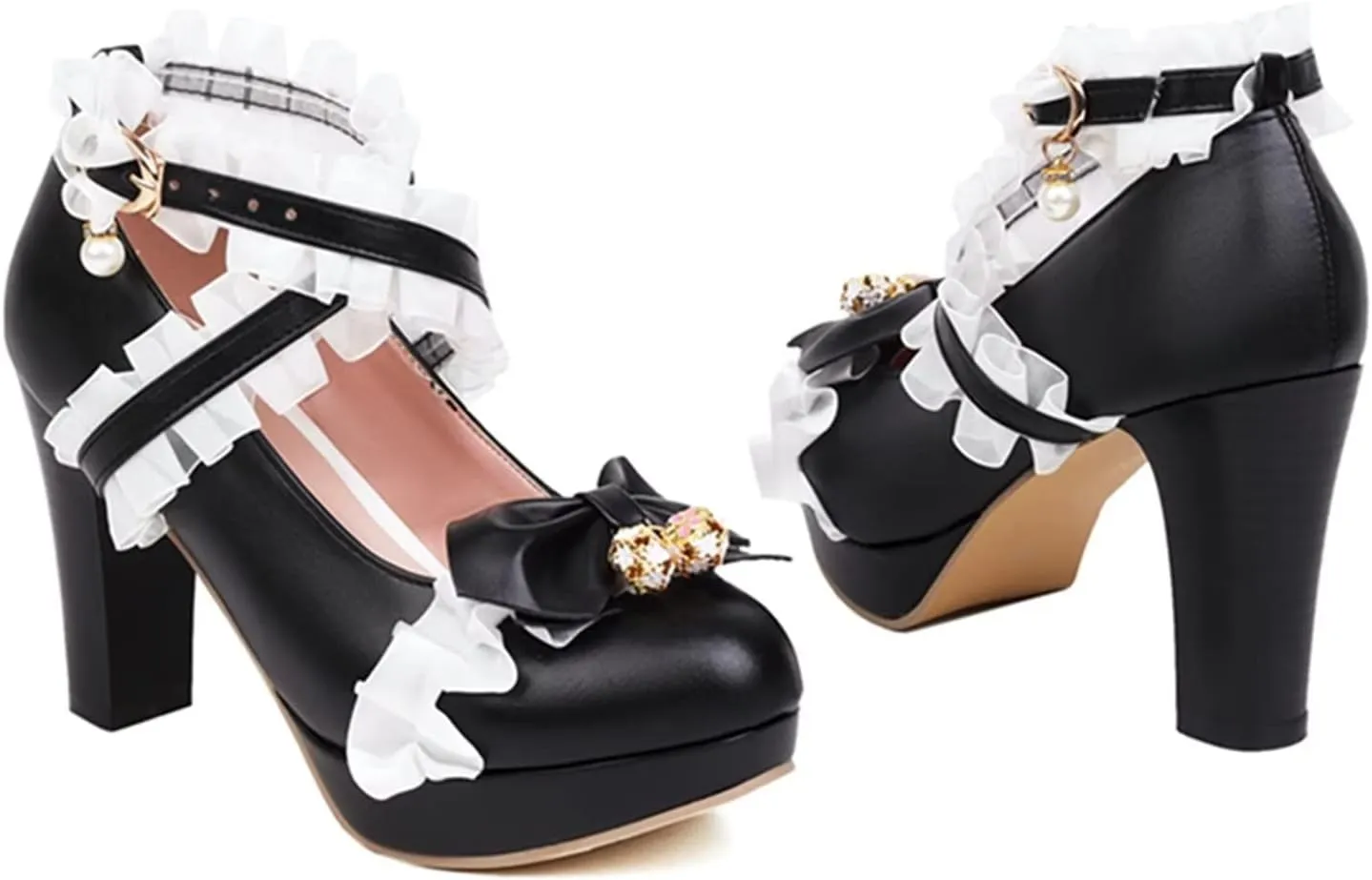 Kawii Shoes Bow Pearl Heels Lolita Platform Heels for Women Lace Cute Mary Janes Pumps