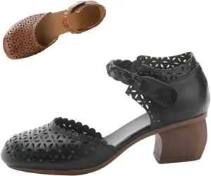 Keilinia Women's Closed Toe Low Chunky Block Heel Sandals,Vintage Comfort Cutout Woven Ankle Strap Dress Oxford Casual Shoes