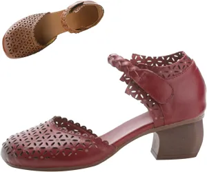 Keilinia Women's Closed Toe Low Chunky Block Heel Sandals,Vintage Comfort Cutout Woven Ankle Strap Dress Oxford Casual Shoes