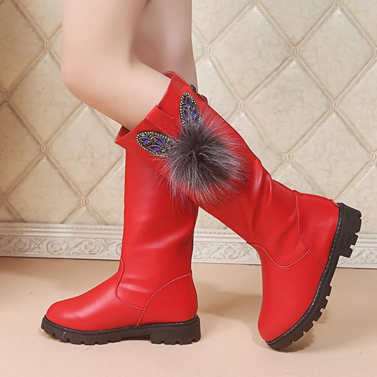 Kids Girls Knee High Heels Boots Leather Lace-Up Waterproof Side Zipper Boots Winter Combat Riding Boots