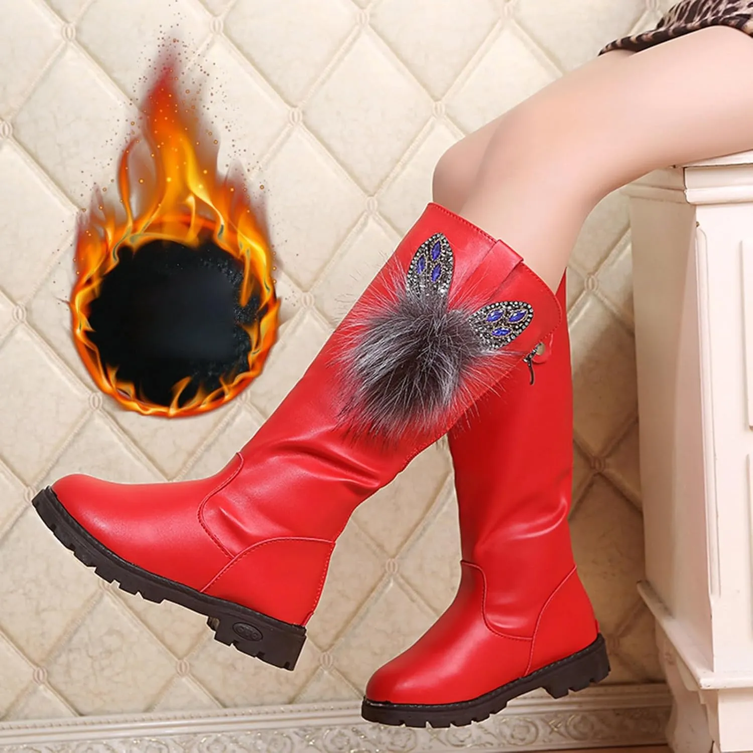 Kids Girls Knee High Heels Boots Leather Lace-Up Waterproof Side Zipper Boots Winter Combat Riding Boots