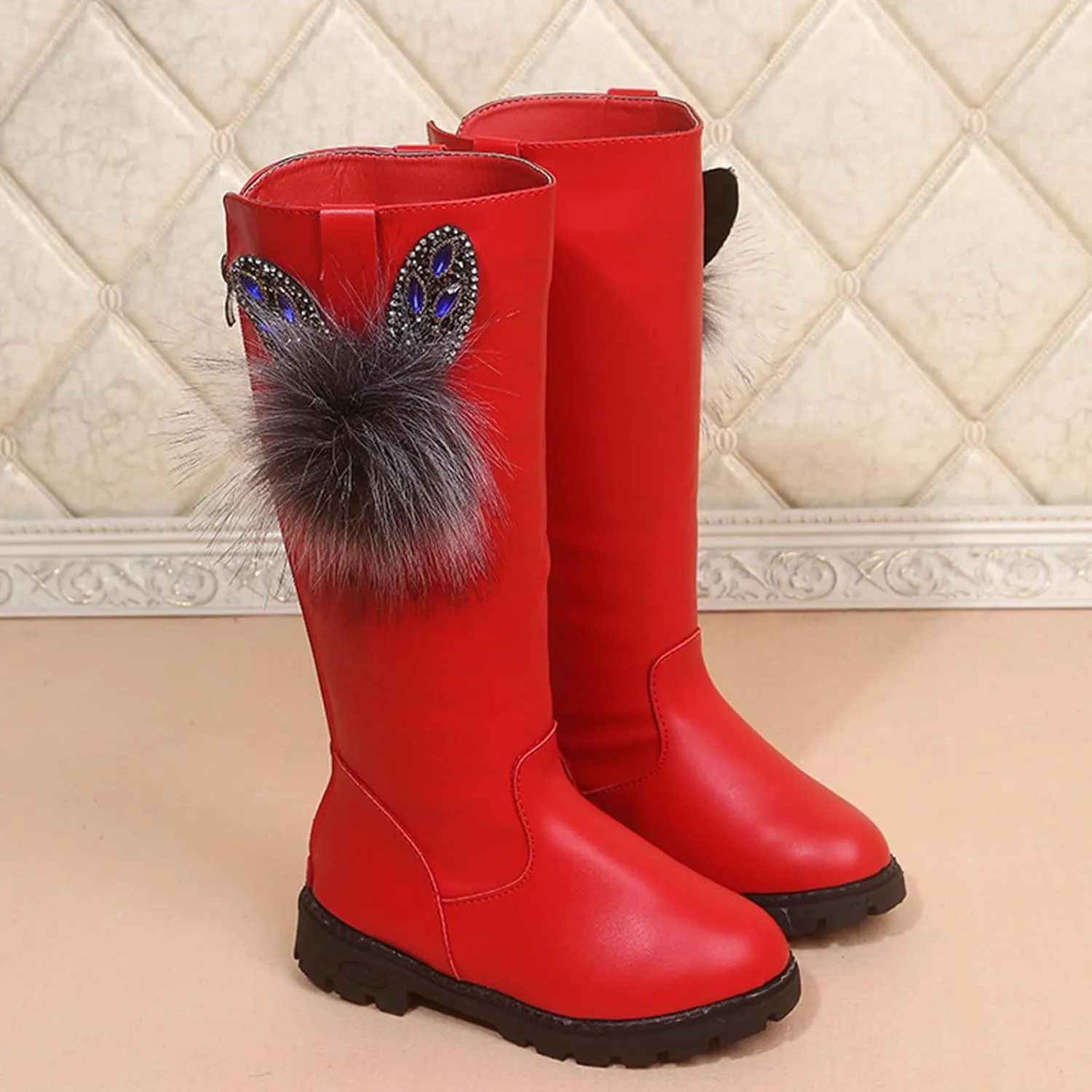 Kids Girls Knee High Heels Boots Leather Lace-Up Waterproof Side Zipper Boots Winter Combat Riding Boots