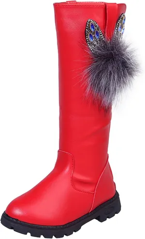 Kids Girls Knee High Heels Boots Leather Lace-Up Waterproof Side Zipper Boots Winter Combat Riding Boots