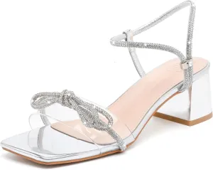 kkdom Women's Block Chunky Heels Sandals Rhinestone Bowknots Crystal Sandals Sexy Square Toe Dressy Shoes for Dating Party Wedding