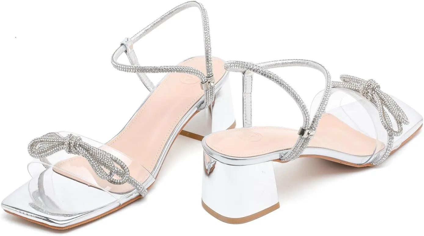 kkdom Women's Block Chunky Heels Sandals Rhinestone Bowknots Crystal Sandals Sexy Square Toe Dressy Shoes for Dating Party Wedding