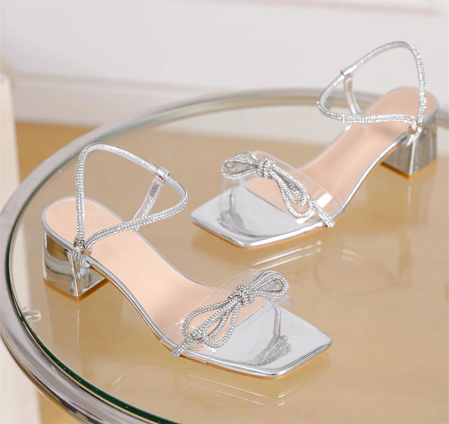 kkdom Women's Block Chunky Heels Sandals Rhinestone Bowknots Crystal Sandals Sexy Square Toe Dressy Shoes for Dating Party Wedding