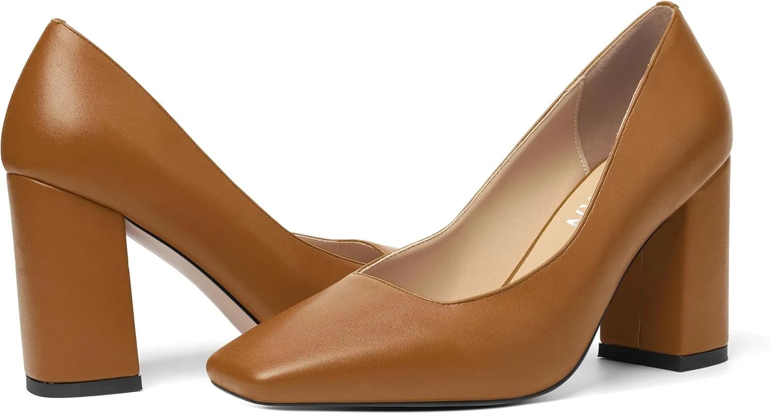 KUOARN Womens Matte Solid Square Toe Work Slip On Fashion Block High Heel Pumps Shoes 3.3 Inch