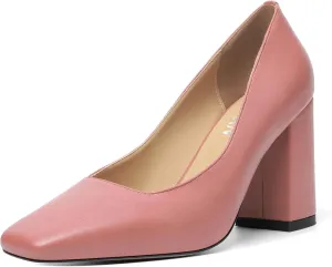 KUOARN Womens Matte Solid Square Toe Work Slip On Fashion Block High Heel Pumps Shoes 3.3 Inch