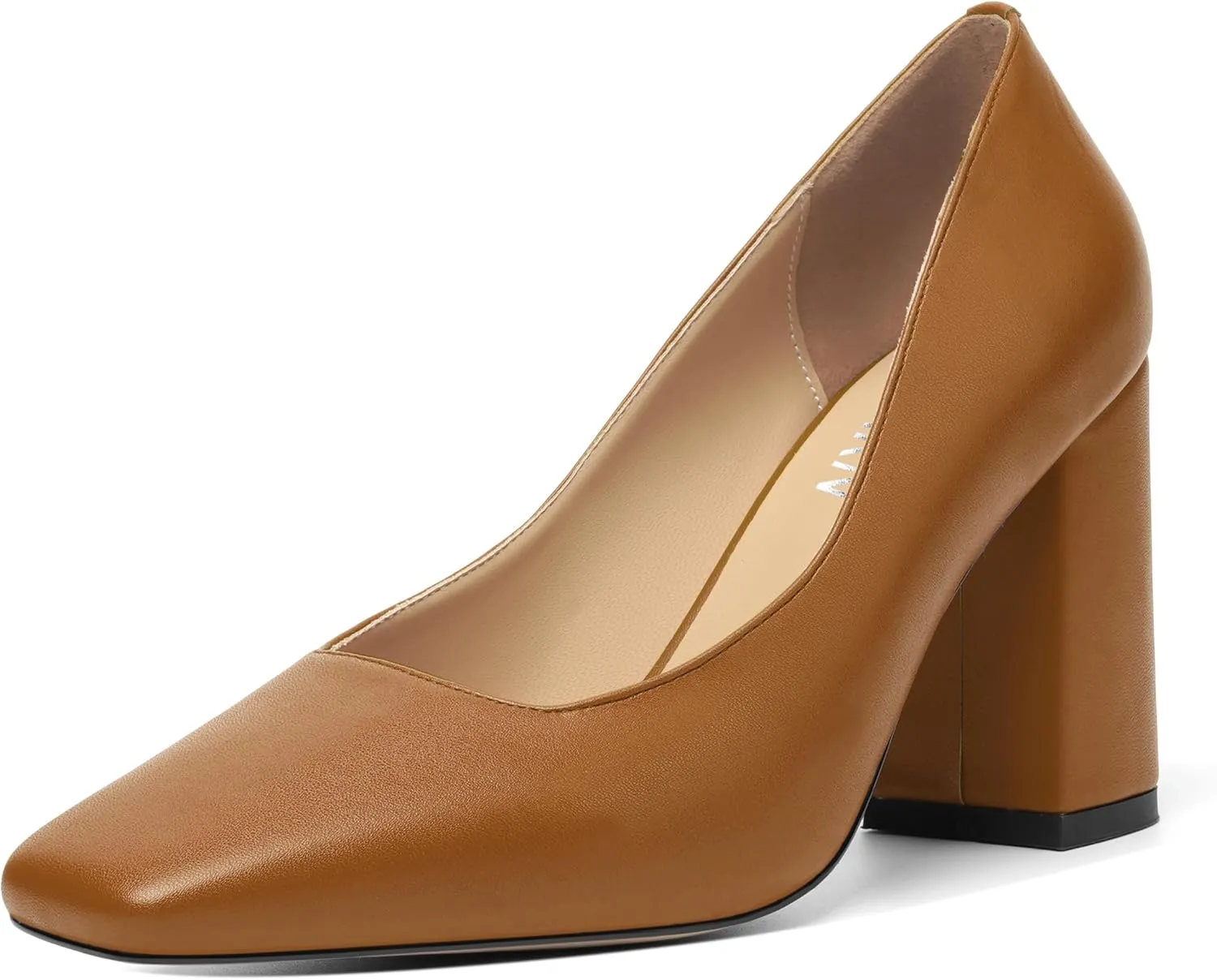 KUOARN Womens Matte Solid Square Toe Work Slip On Fashion Block High Heel Pumps Shoes 3.3 Inch