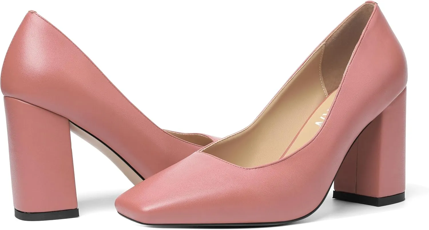 KUOARN Womens Matte Solid Square Toe Work Slip On Fashion Block High Heel Pumps Shoes 3.3 Inch