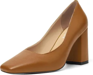 KUOARN Womens Matte Solid Square Toe Work Slip On Fashion Block High Heel Pumps Shoes 3.3 Inch