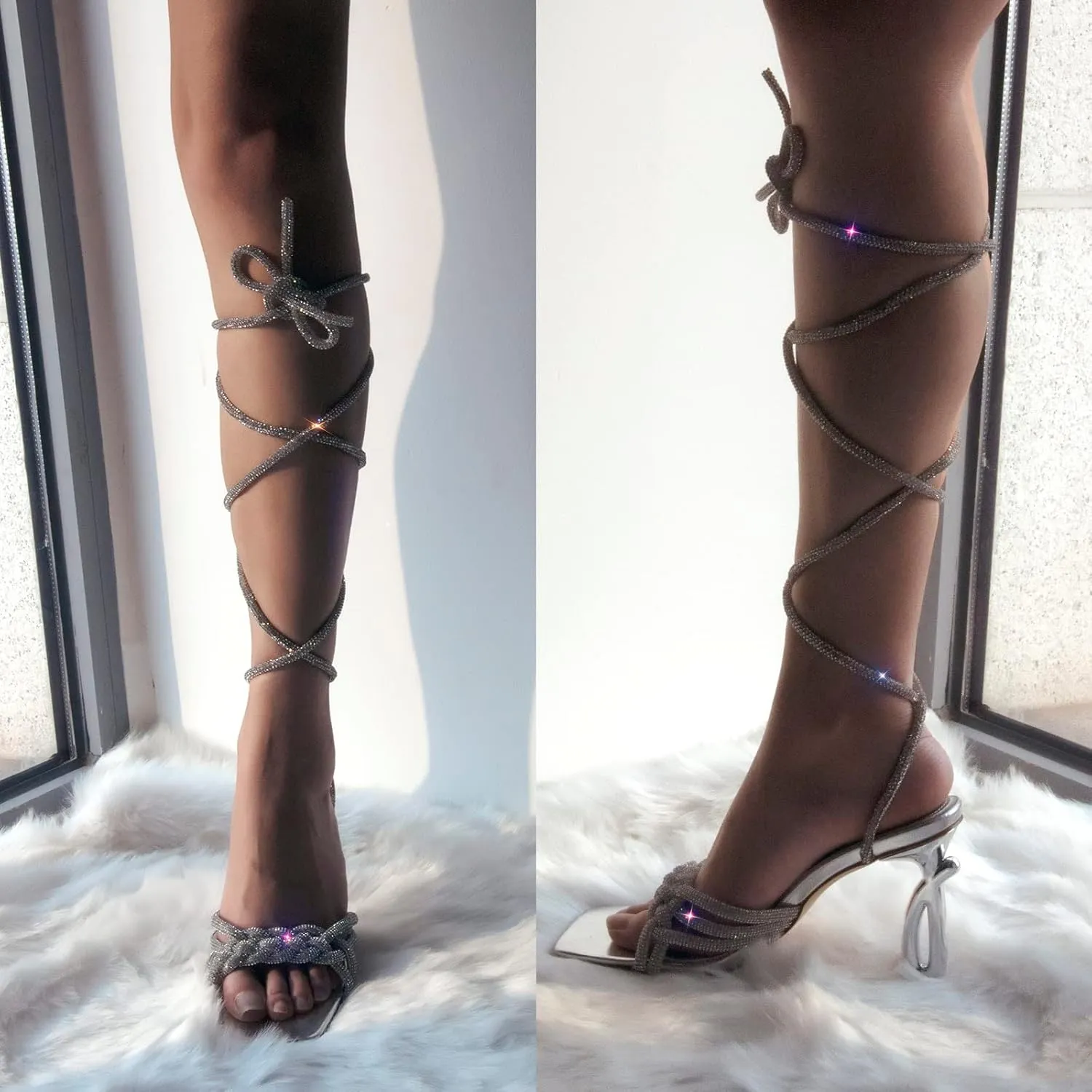 LISHAN Women's Square Toe Rhinestone Strappy Sandals Ankle Wrap Lace Up High Heels
