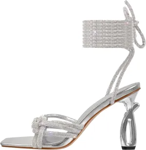 LISHAN Women's Square Toe Rhinestone Strappy Sandals Ankle Wrap Lace Up High Heels