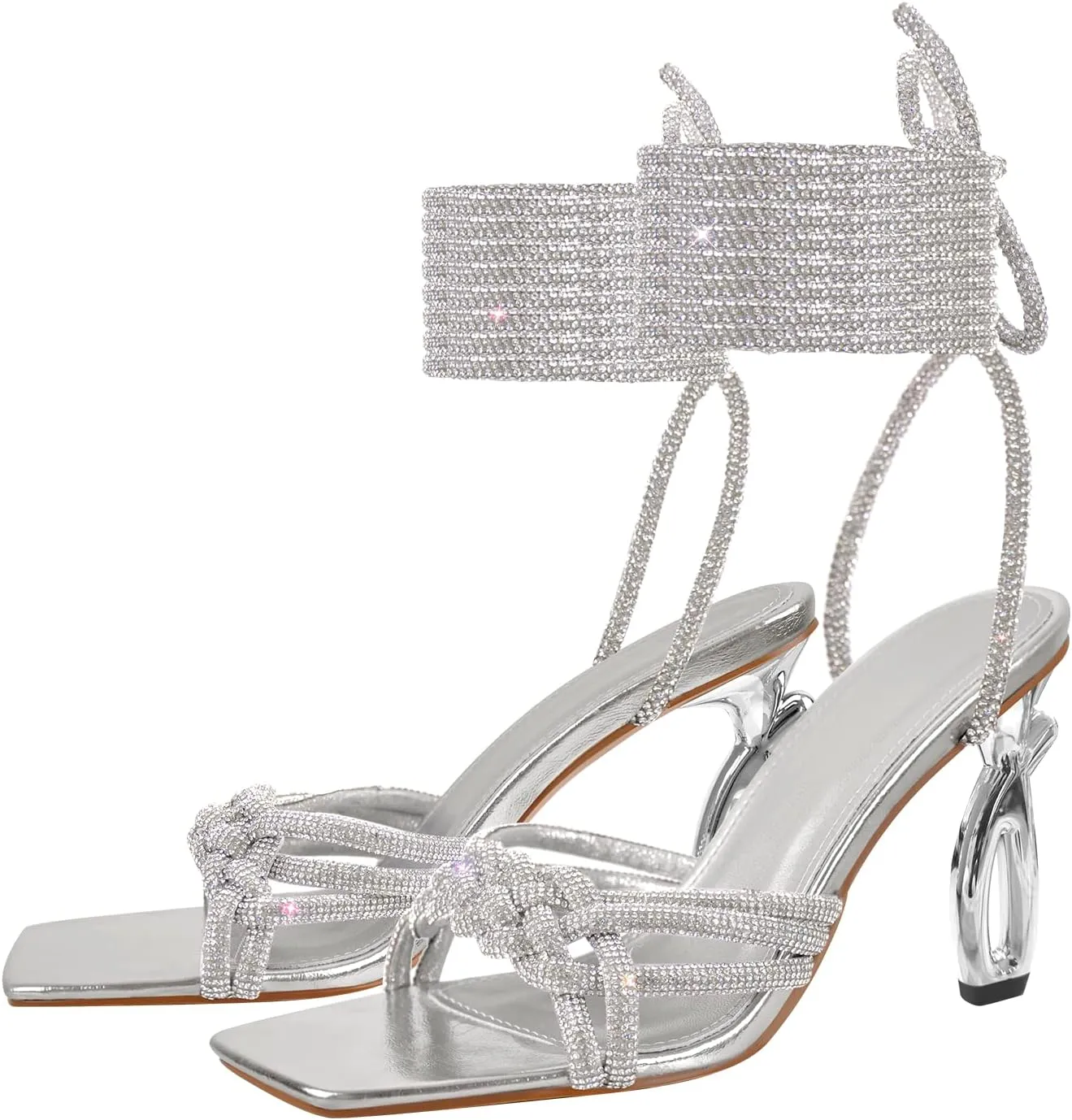 LISHAN Women's Square Toe Rhinestone Strappy Sandals Ankle Wrap Lace Up High Heels