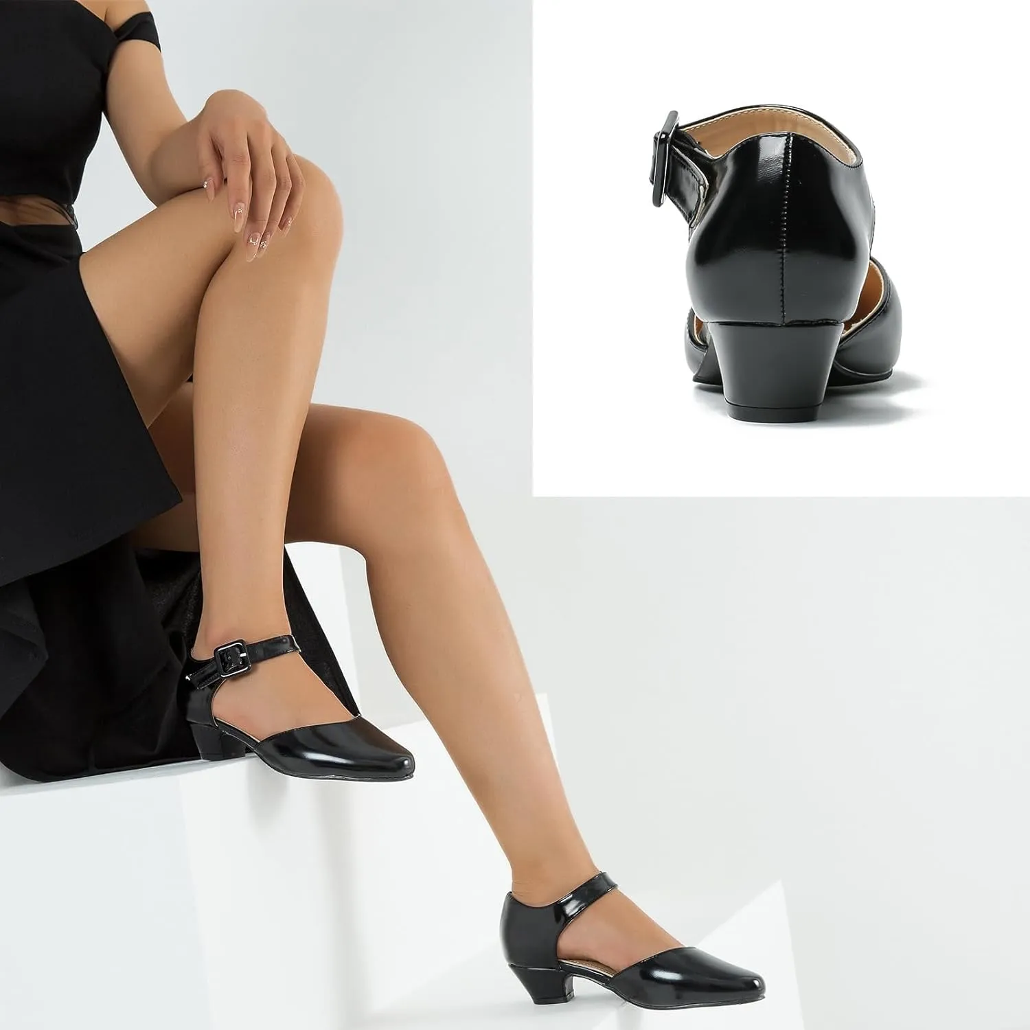 LIURUIJIA Women's Closed Toe Low Chunky Heel Pumps Ankle Strap Dress Shoes for Work Wedding Party Dance