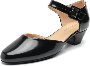 LIURUIJIA Women's Closed Toe Low Chunky Heel Pumps Ankle Strap Dress Shoes for Work Wedding Party Dance