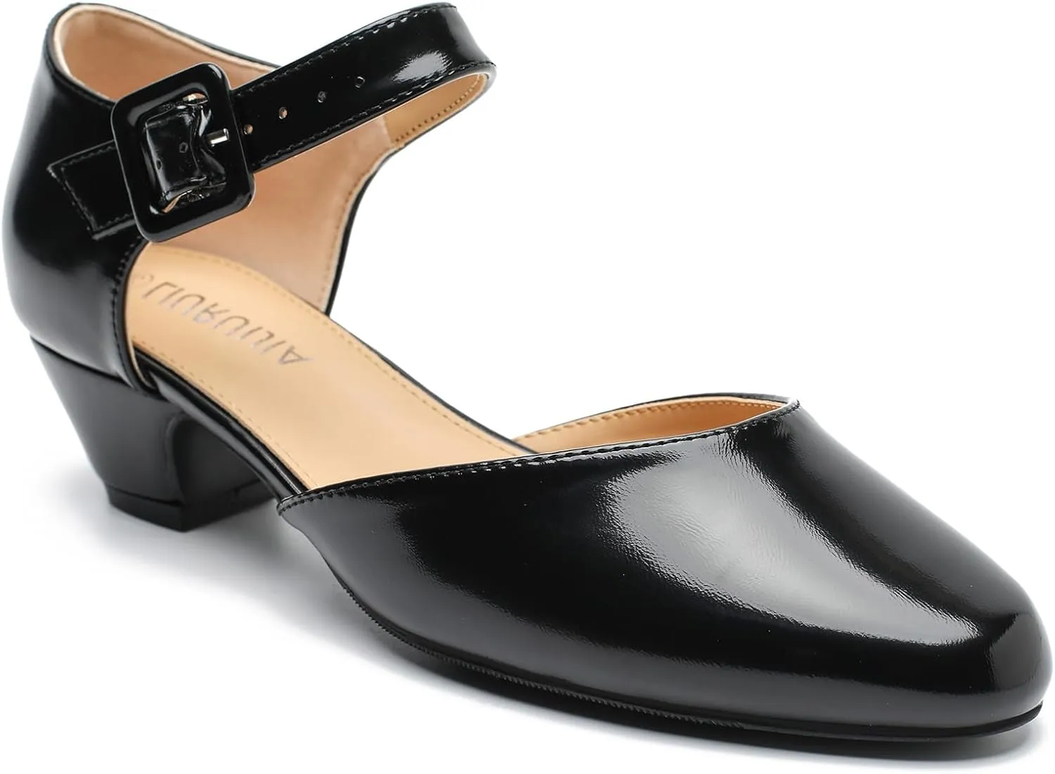 LIURUIJIA Women's Closed Toe Low Chunky Heel Pumps Ankle Strap Dress Shoes for Work Wedding Party Dance