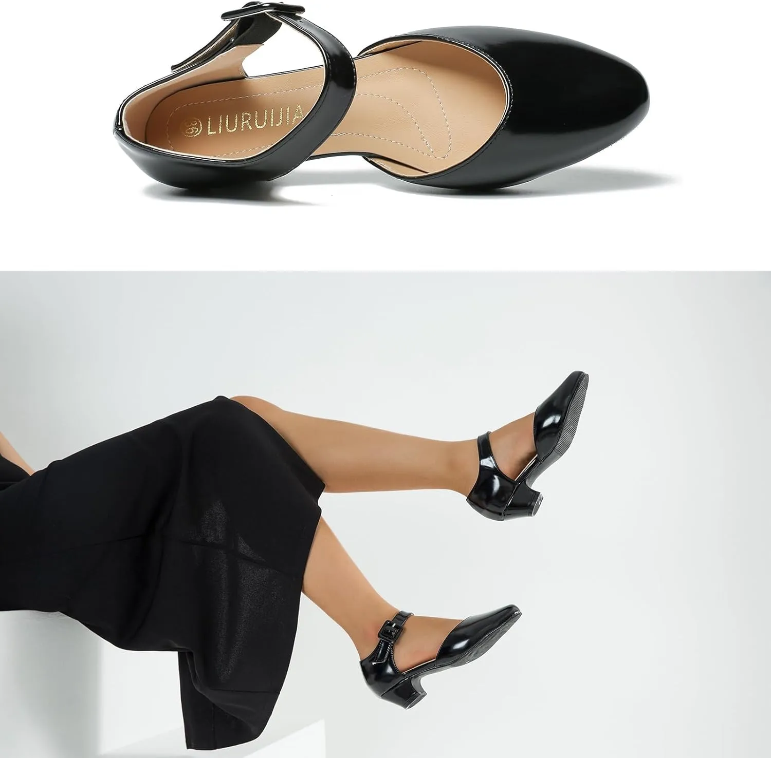 LIURUIJIA Women's Closed Toe Low Chunky Heel Pumps Ankle Strap Dress Shoes for Work Wedding Party Dance