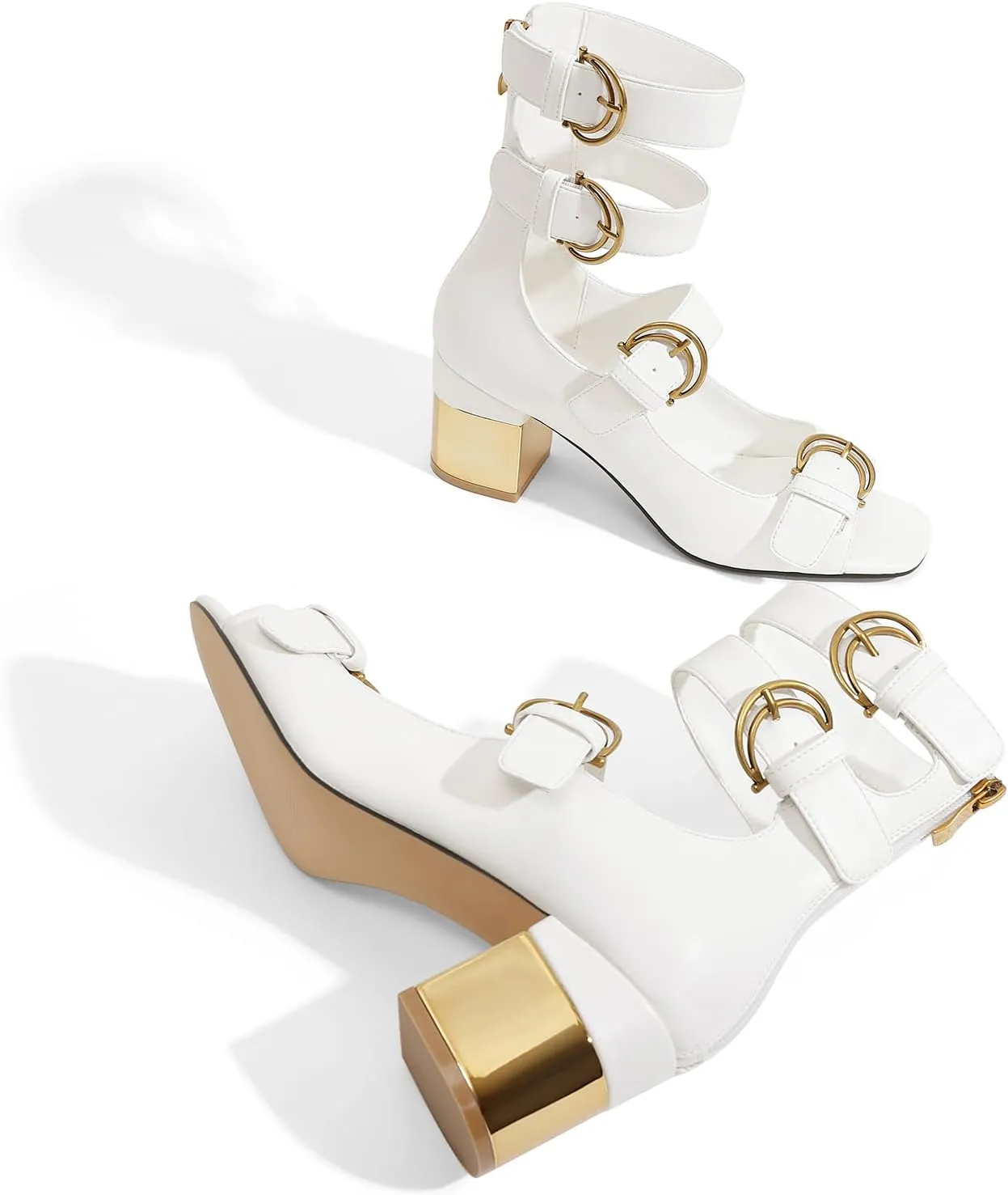 LOCERICH Womens Heeled Sandals Chunky Block Heels Open Toe Strappy Comfortable Ankle Strap Gold Low Heel Dress Shoes for Women