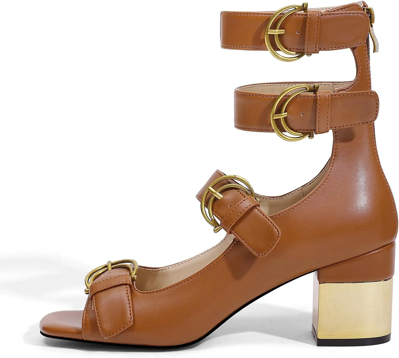 LOCERICH Womens Heeled Sandals Chunky Block Heels Open Toe Strappy Comfortable Ankle Strap Gold Low Heel Dress Shoes for Women