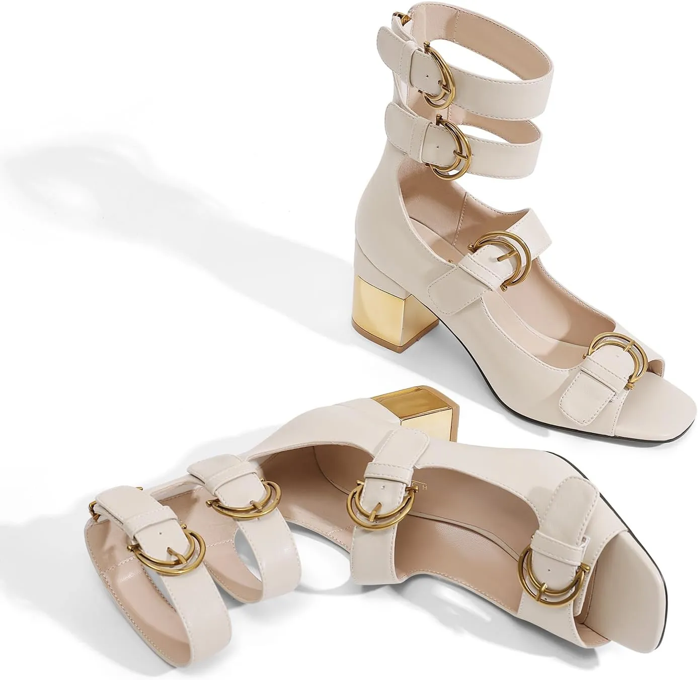 LOCERICH Womens Heeled Sandals Chunky Block Heels Open Toe Strappy Comfortable Ankle Strap Gold Low Heel Dress Shoes for Women