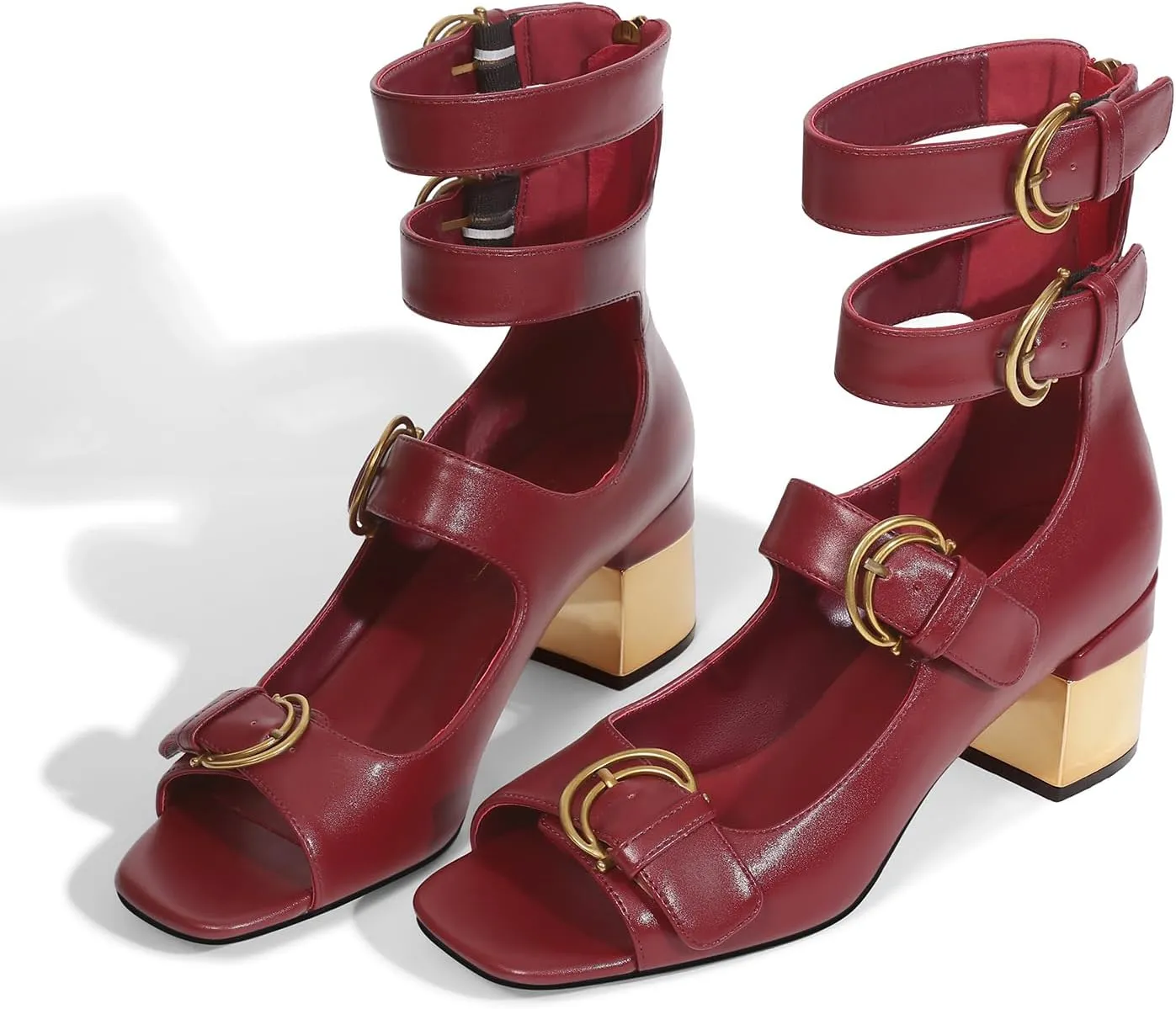 LOCERICH Womens Heeled Sandals Chunky Block Heels Open Toe Strappy Comfortable Ankle Strap Gold Low Heel Dress Shoes for Women