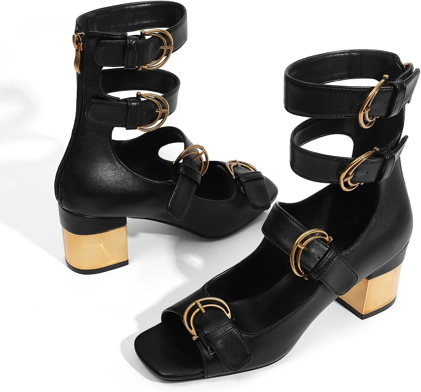 LOCERICH Womens Heeled Sandals Chunky Block Heels Open Toe Strappy Comfortable Ankle Strap Gold Low Heel Dress Shoes for Women