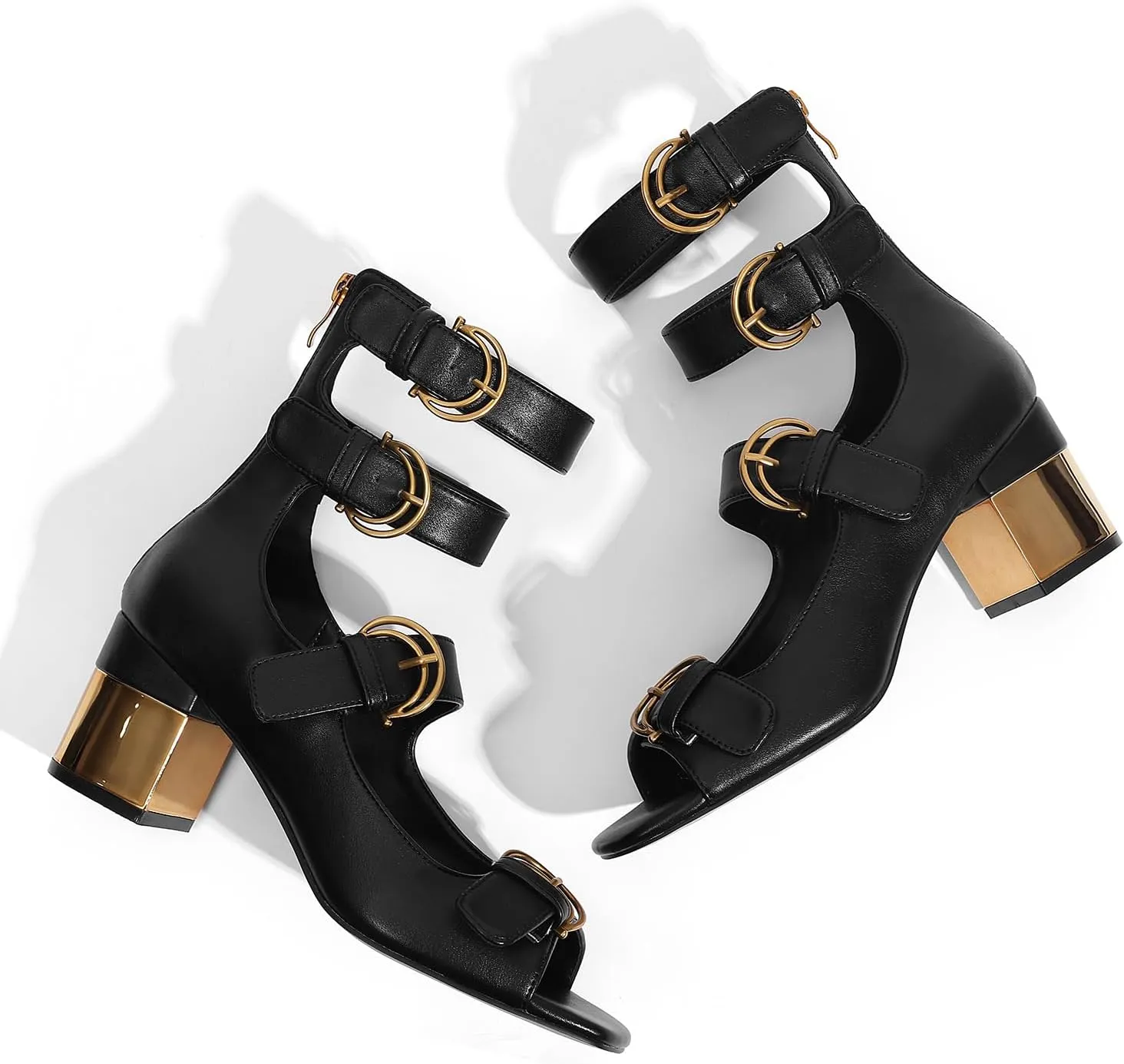 LOCERICH Womens Heeled Sandals Chunky Block Heels Open Toe Strappy Comfortable Ankle Strap Gold Low Heel Dress Shoes for Women