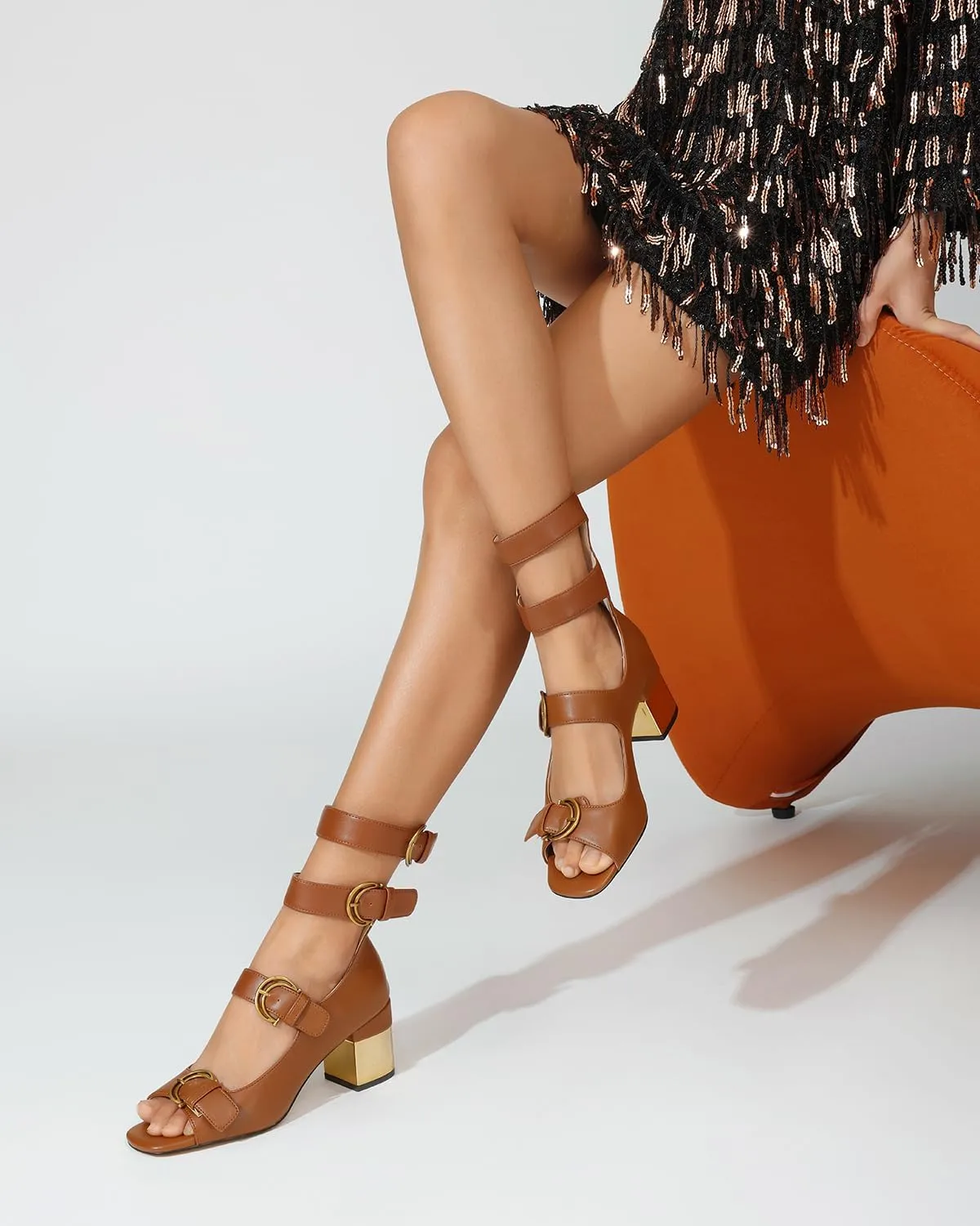 LOCERICH Womens Heeled Sandals Chunky Block Heels Open Toe Strappy Comfortable Ankle Strap Gold Low Heel Dress Shoes for Women