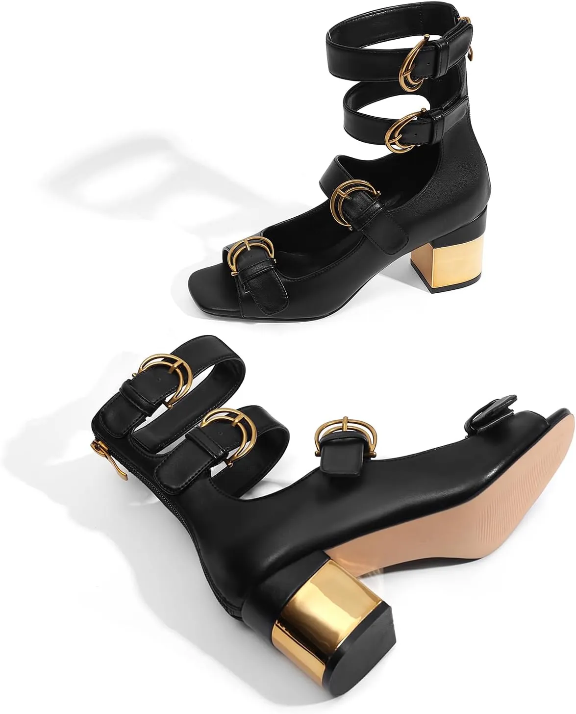 LOCERICH Womens Heeled Sandals Chunky Block Heels Open Toe Strappy Comfortable Ankle Strap Gold Low Heel Dress Shoes for Women