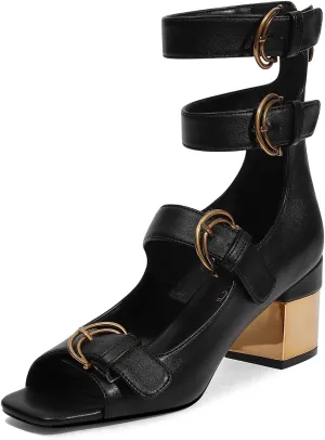 LOCERICH Womens Heeled Sandals Chunky Block Heels Open Toe Strappy Comfortable Ankle Strap Gold Low Heel Dress Shoes for Women