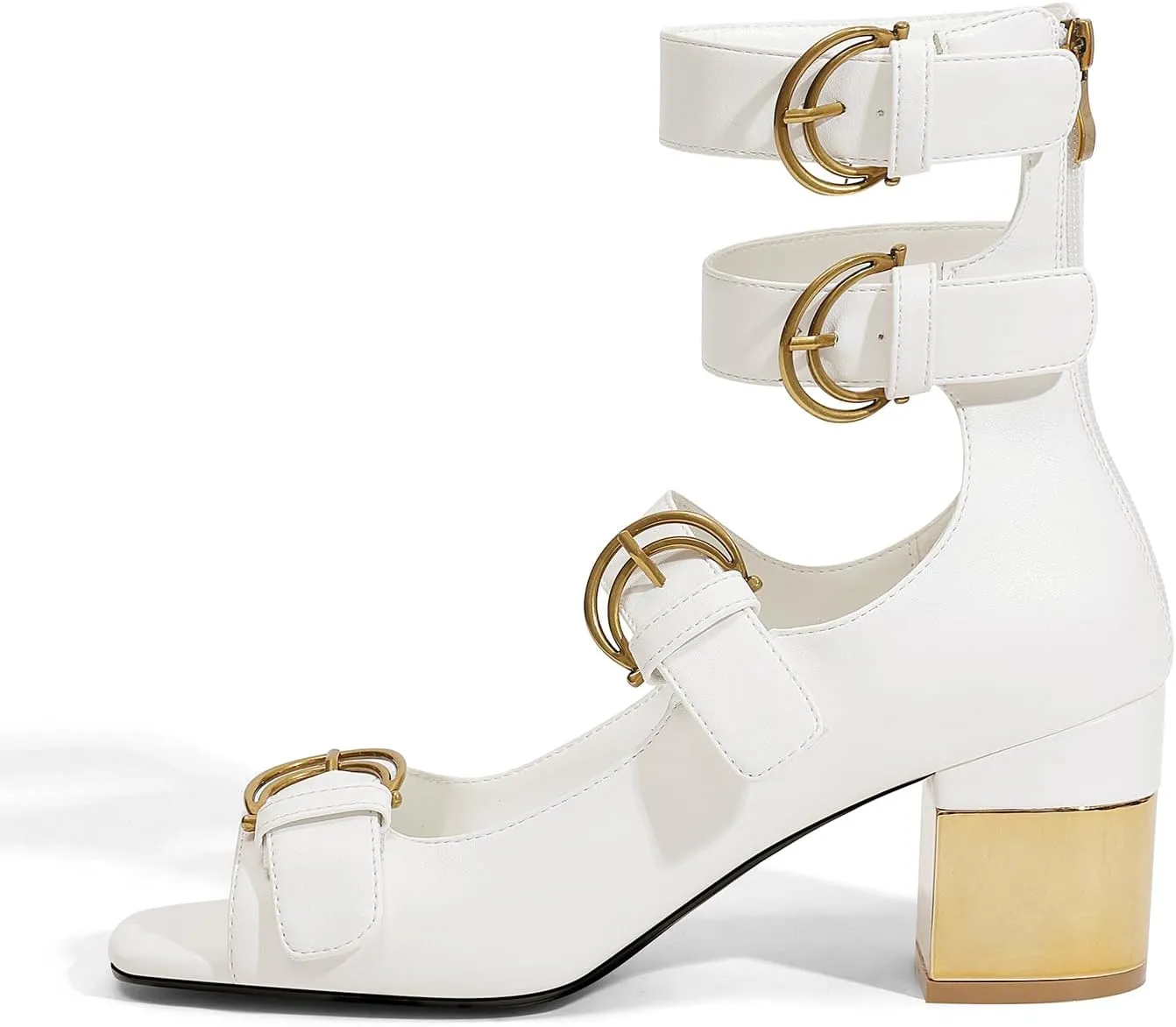 LOCERICH Womens Heeled Sandals Chunky Block Heels Open Toe Strappy Comfortable Ankle Strap Gold Low Heel Dress Shoes for Women