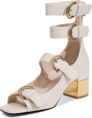 LOCERICH Womens Heeled Sandals Chunky Block Heels Open Toe Strappy Comfortable Ankle Strap Gold Low Heel Dress Shoes for Women
