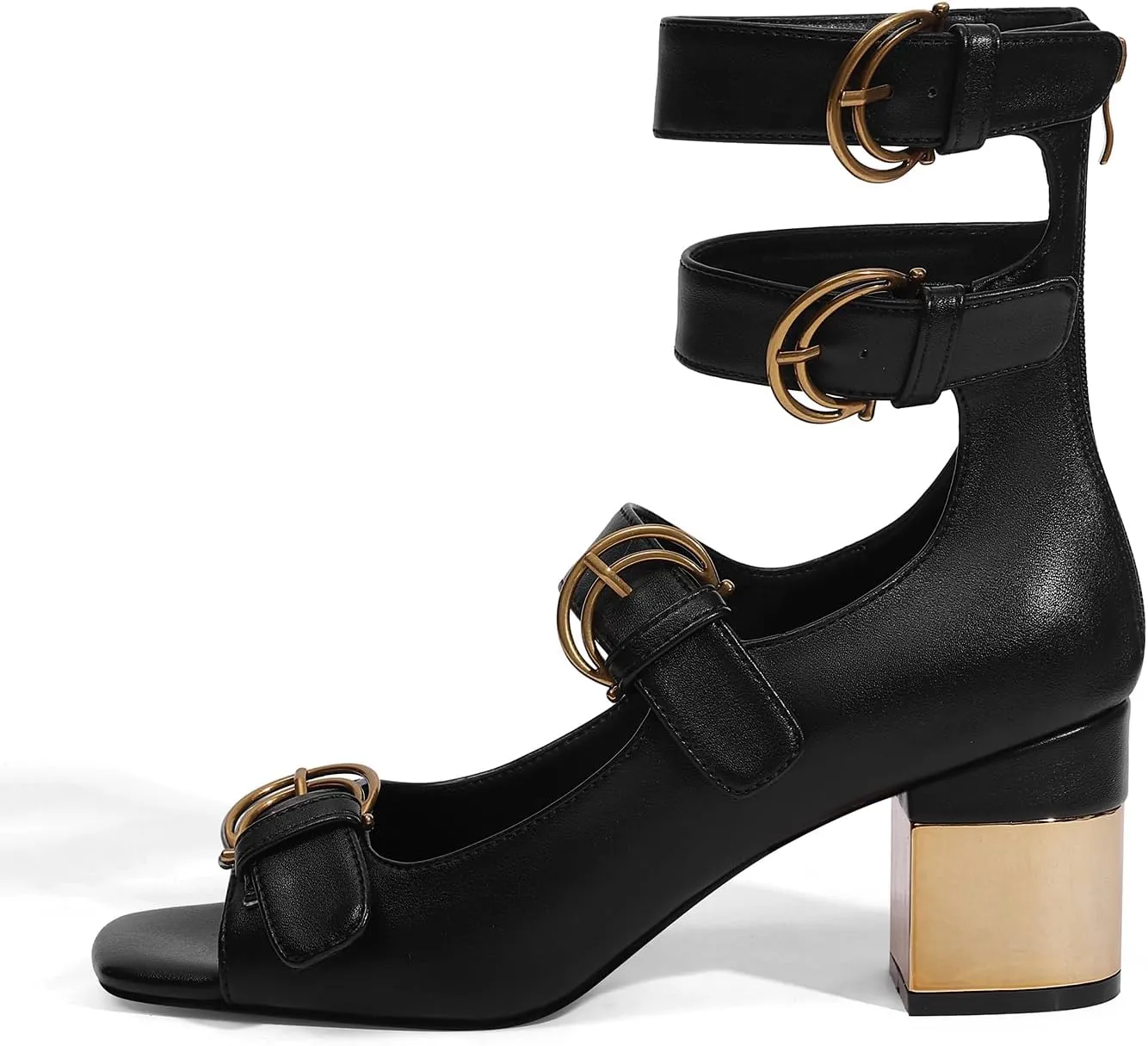LOCERICH Womens Heeled Sandals Chunky Block Heels Open Toe Strappy Comfortable Ankle Strap Gold Low Heel Dress Shoes for Women