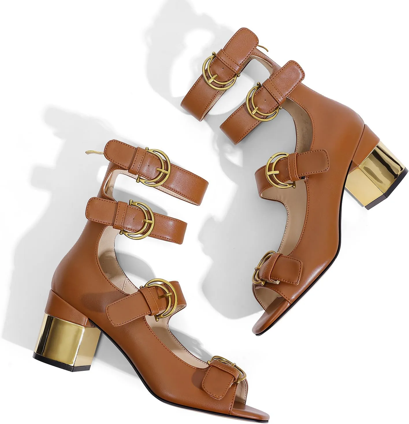 LOCERICH Womens Heeled Sandals Chunky Block Heels Open Toe Strappy Comfortable Ankle Strap Gold Low Heel Dress Shoes for Women