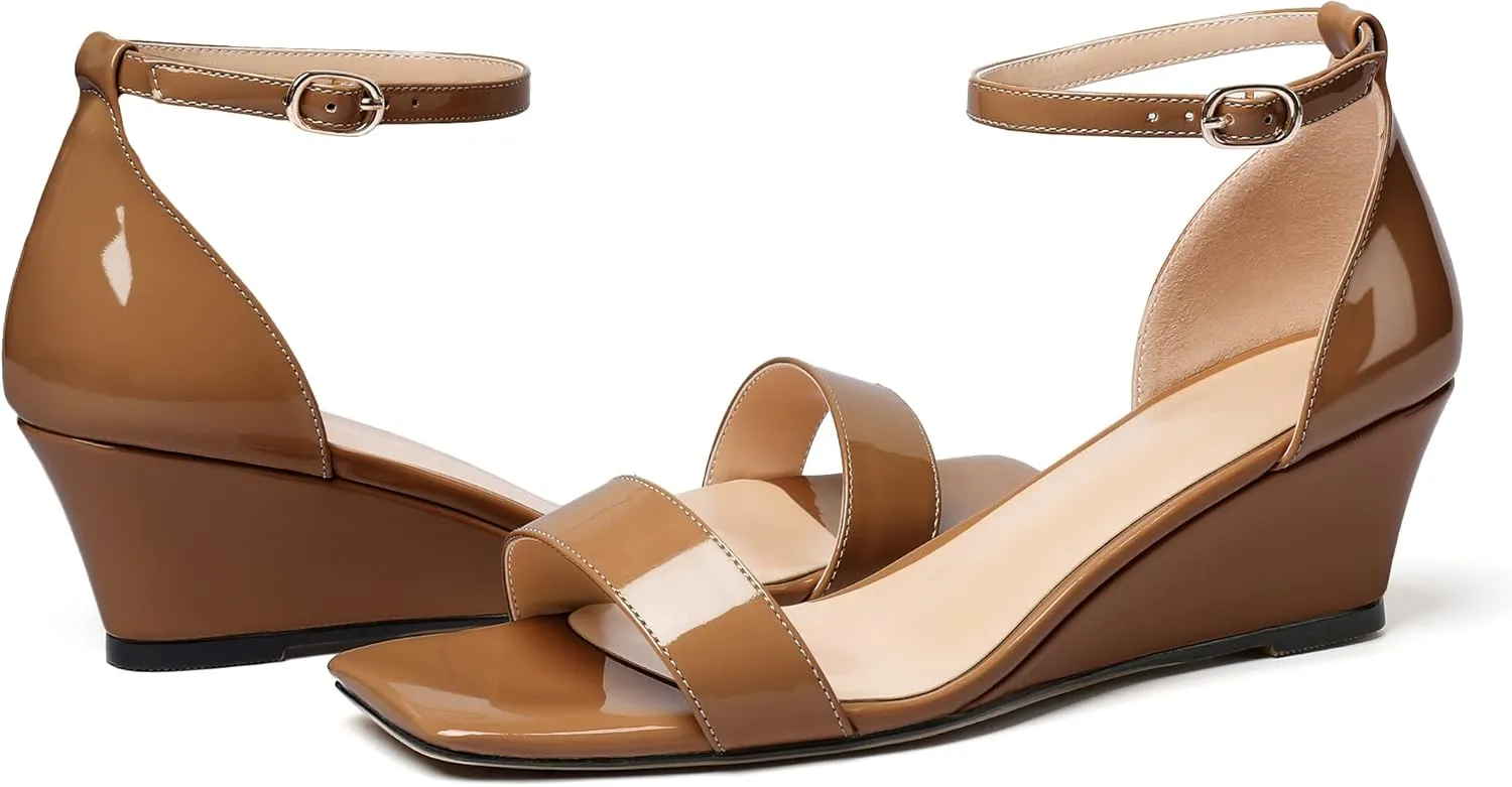 Mettesally Women's Wedge Heels Sandals Mid Heel Ankle Strap Square Open Toe Evening Dress Wedding Shoes