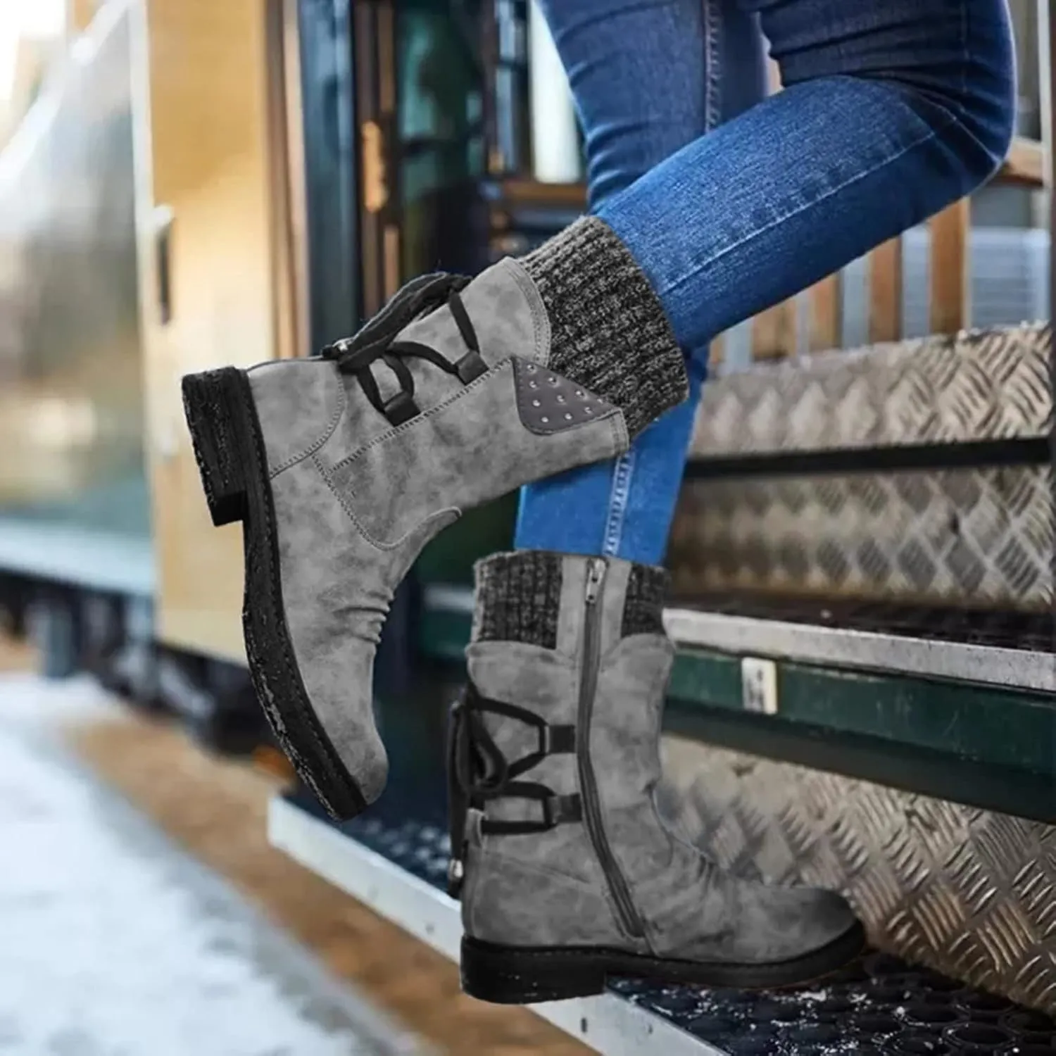Mid Boots Up for Women Shoes Lace Calf Vintage Heels Thick Casual Boots Retro Women's Boots Dress Snow Boots Women