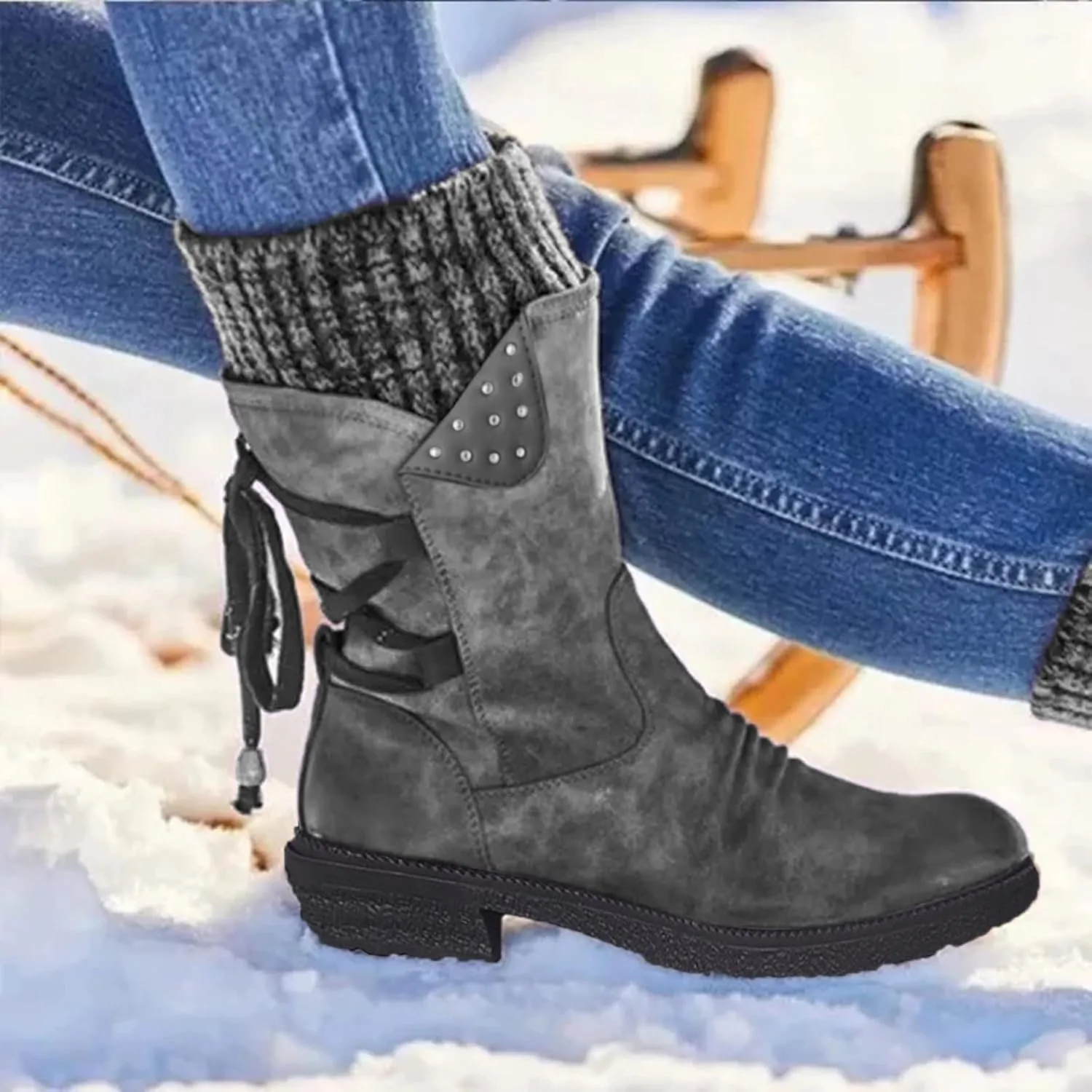 Mid Boots Up for Women Shoes Lace Calf Vintage Heels Thick Casual Boots Retro Women's Boots Dress Snow Boots Women