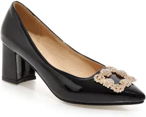MIOKE Women's Fashion Rhinestone Chunky Mid Heel Pumps Pointy Toe Patent Leather Slip-On Wedding Dress Shoes