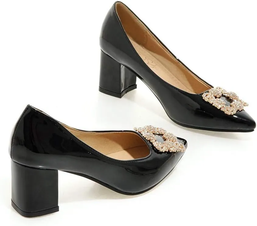 MIOKE Women's Fashion Rhinestone Chunky Mid Heel Pumps Pointy Toe Patent Leather Slip-On Wedding Dress Shoes