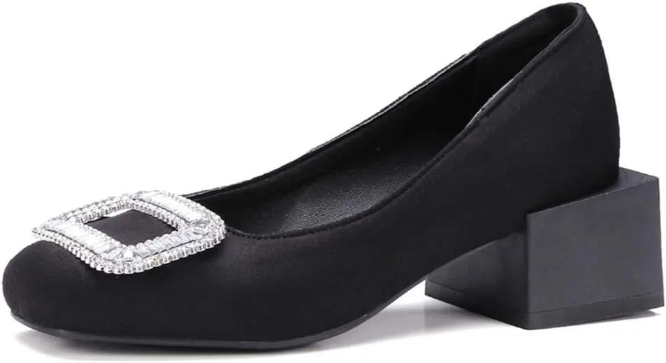 MIOKE Women's Square Toe Rhinestone Dress Pumps Retro Suede Slip-On Mid Heel Evening Party Wedding Shoes