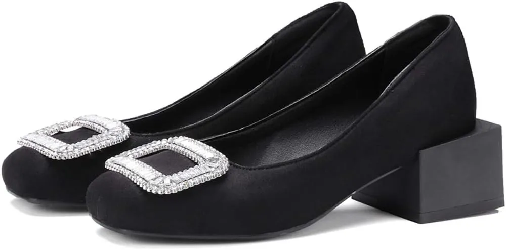 MIOKE Women's Square Toe Rhinestone Dress Pumps Retro Suede Slip-On Mid Heel Evening Party Wedding Shoes