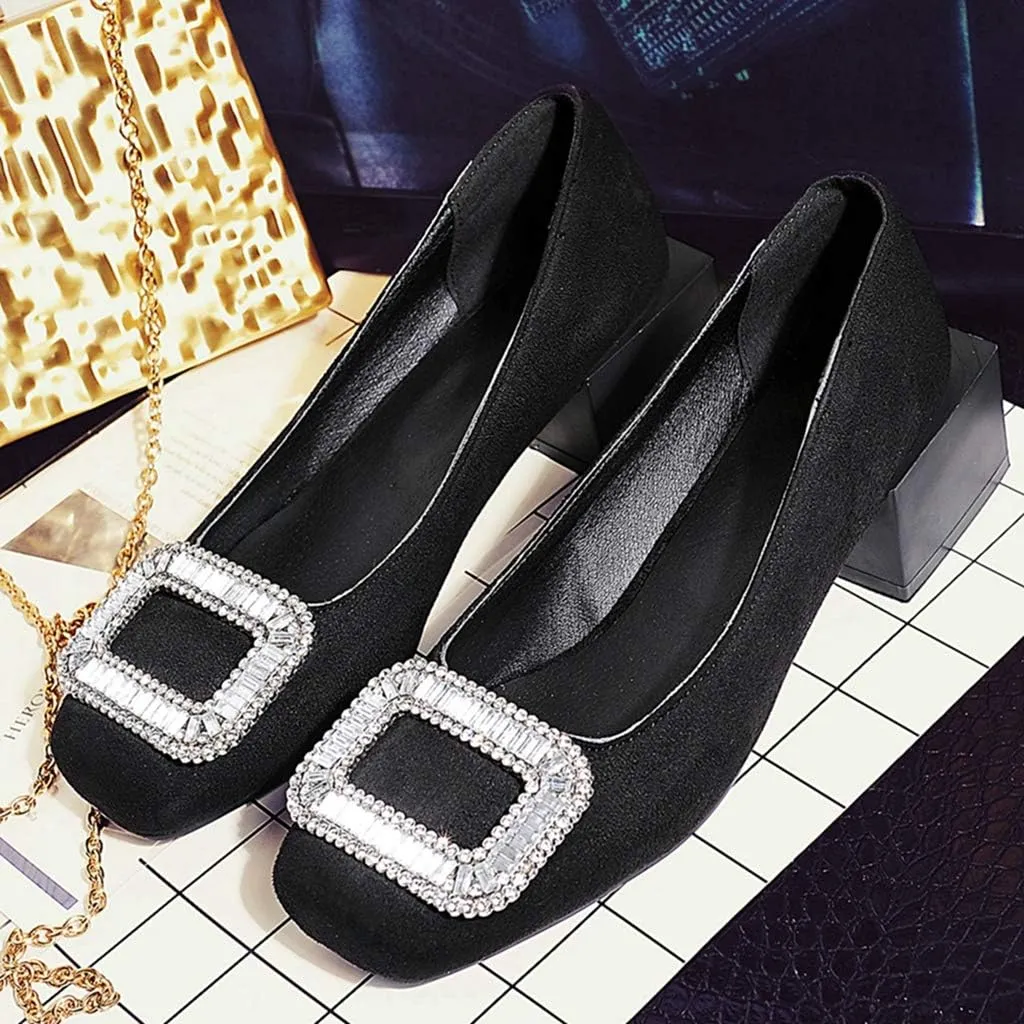 MIOKE Women's Square Toe Rhinestone Dress Pumps Retro Suede Slip-On Mid Heel Evening Party Wedding Shoes