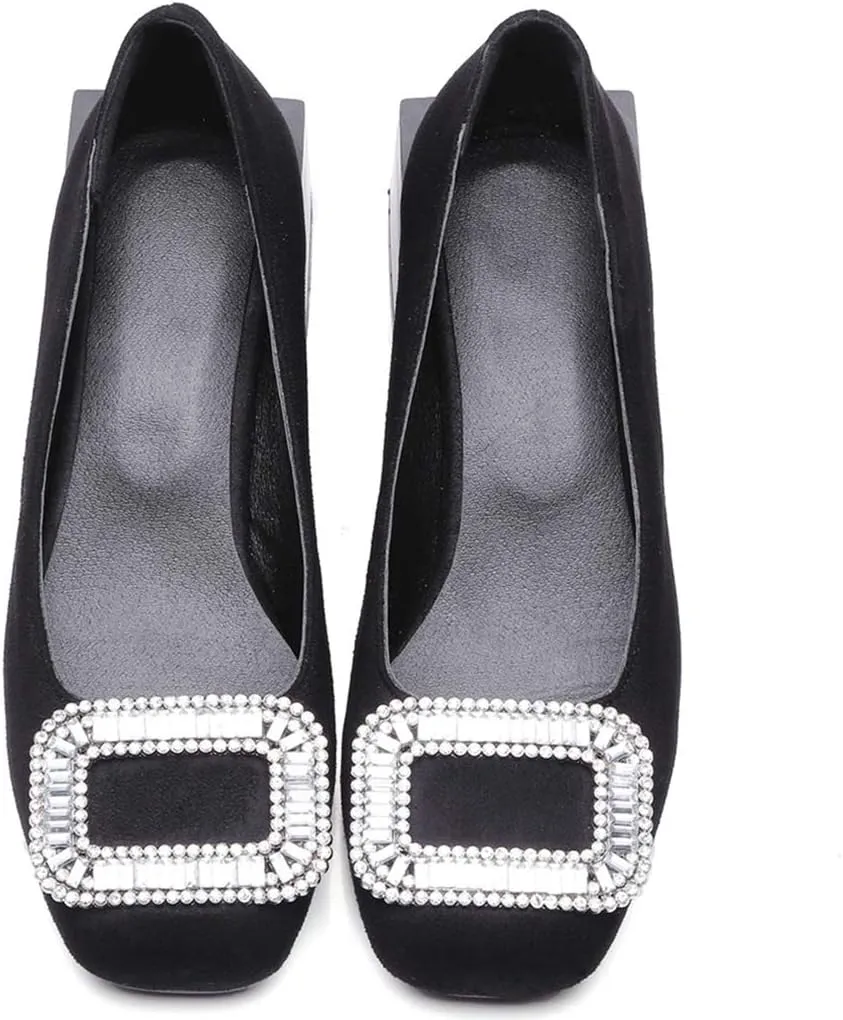 MIOKE Women's Square Toe Rhinestone Dress Pumps Retro Suede Slip-On Mid Heel Evening Party Wedding Shoes