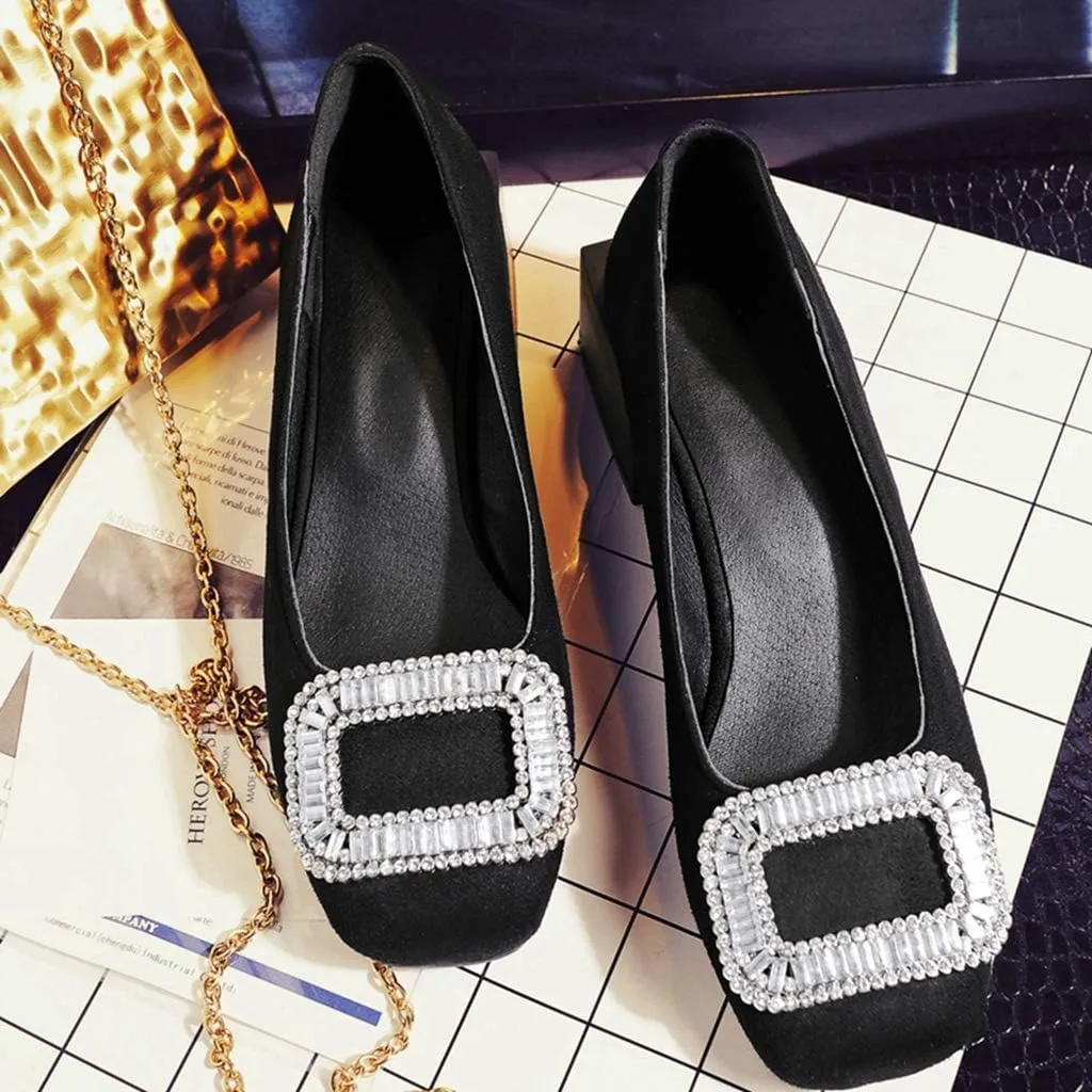 MIOKE Women's Square Toe Rhinestone Dress Pumps Retro Suede Slip-On Mid Heel Evening Party Wedding Shoes